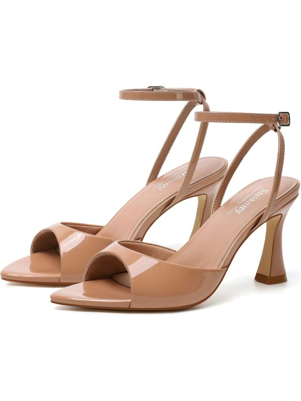 Women's Tan Nude Patent Pointed Open Toe Strappy Chunky Block High Heels Shoes